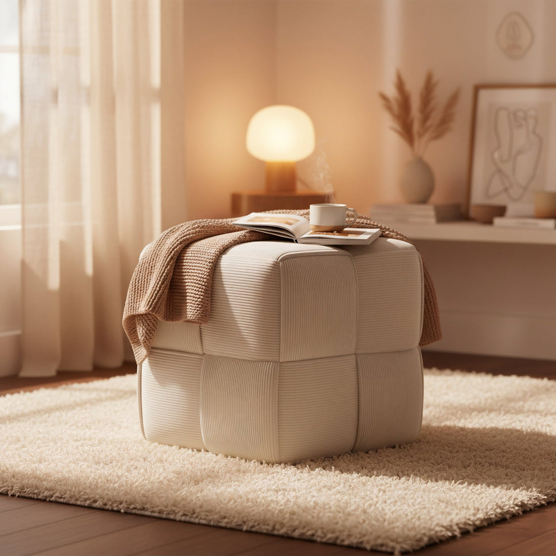 Poef Forinta Cord - Vierkante ribstof poef | Kleur: Creme | Afmetingen: 40x40x40 cm