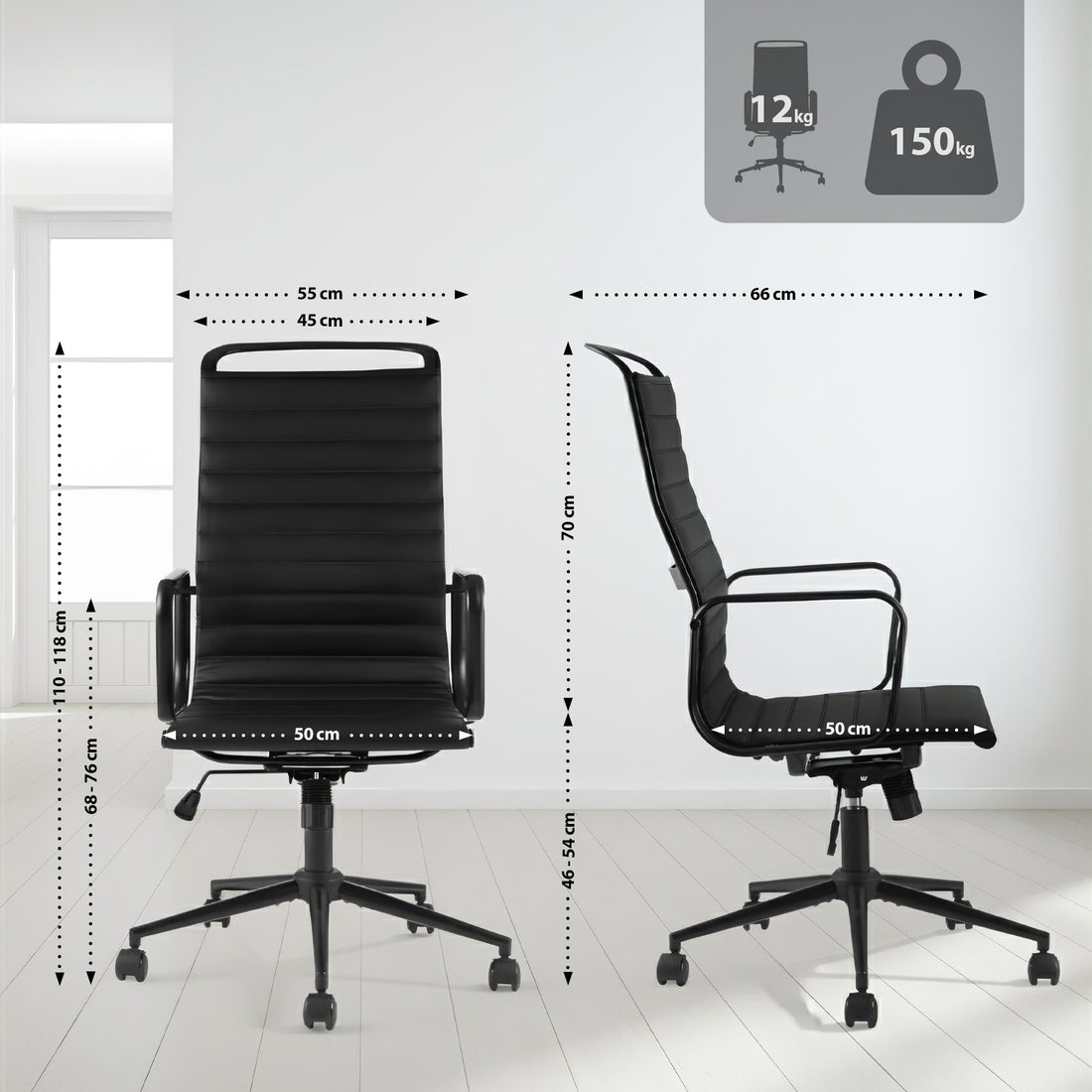 Kontorsstol Nelson Konstläder - Ergonomisk | Färg: svart | Mått: 65x70x120 cm