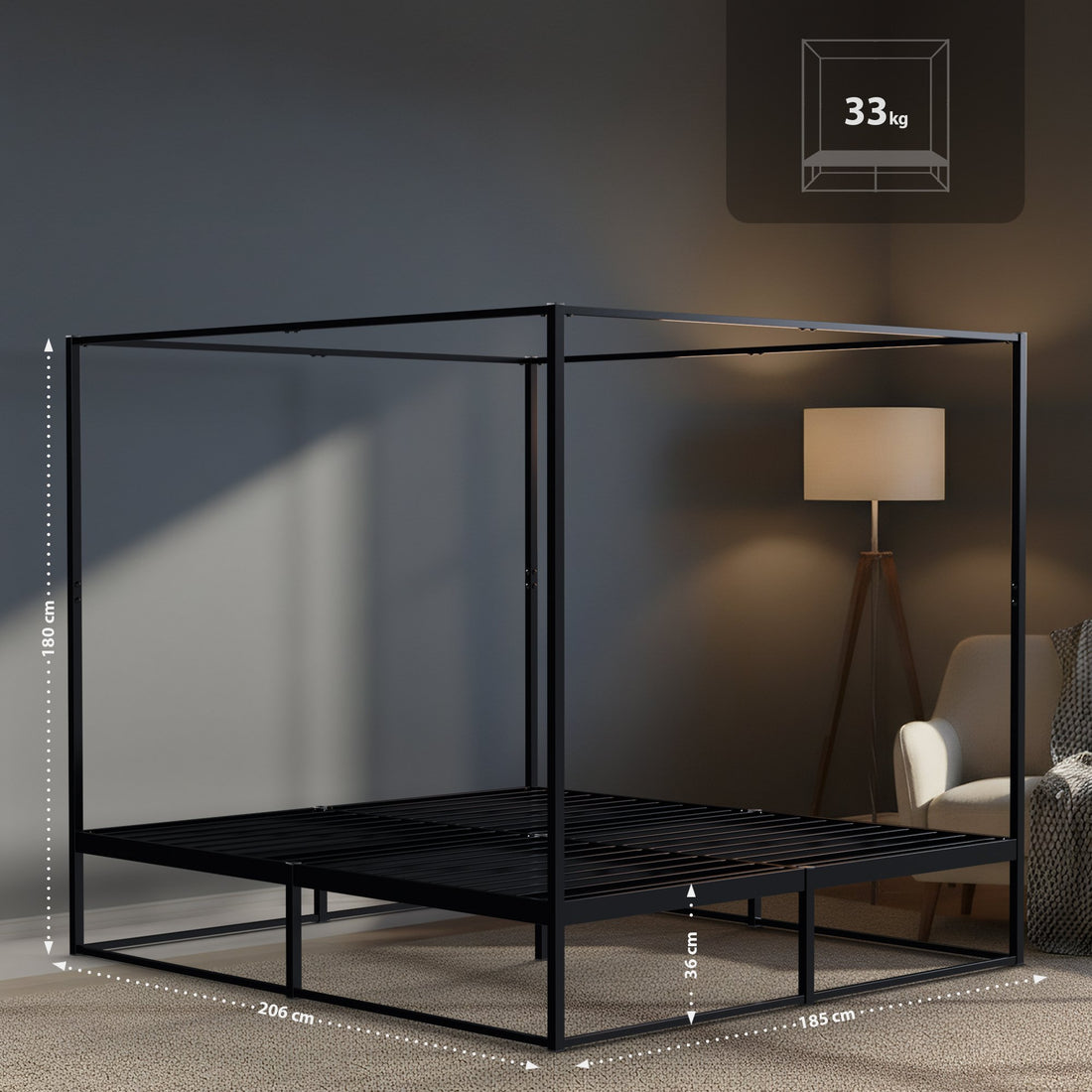 Hemelbed Batoni - Metalen bedframe | Kleur: zwart | Afmetingen: 185x206x180 cm
