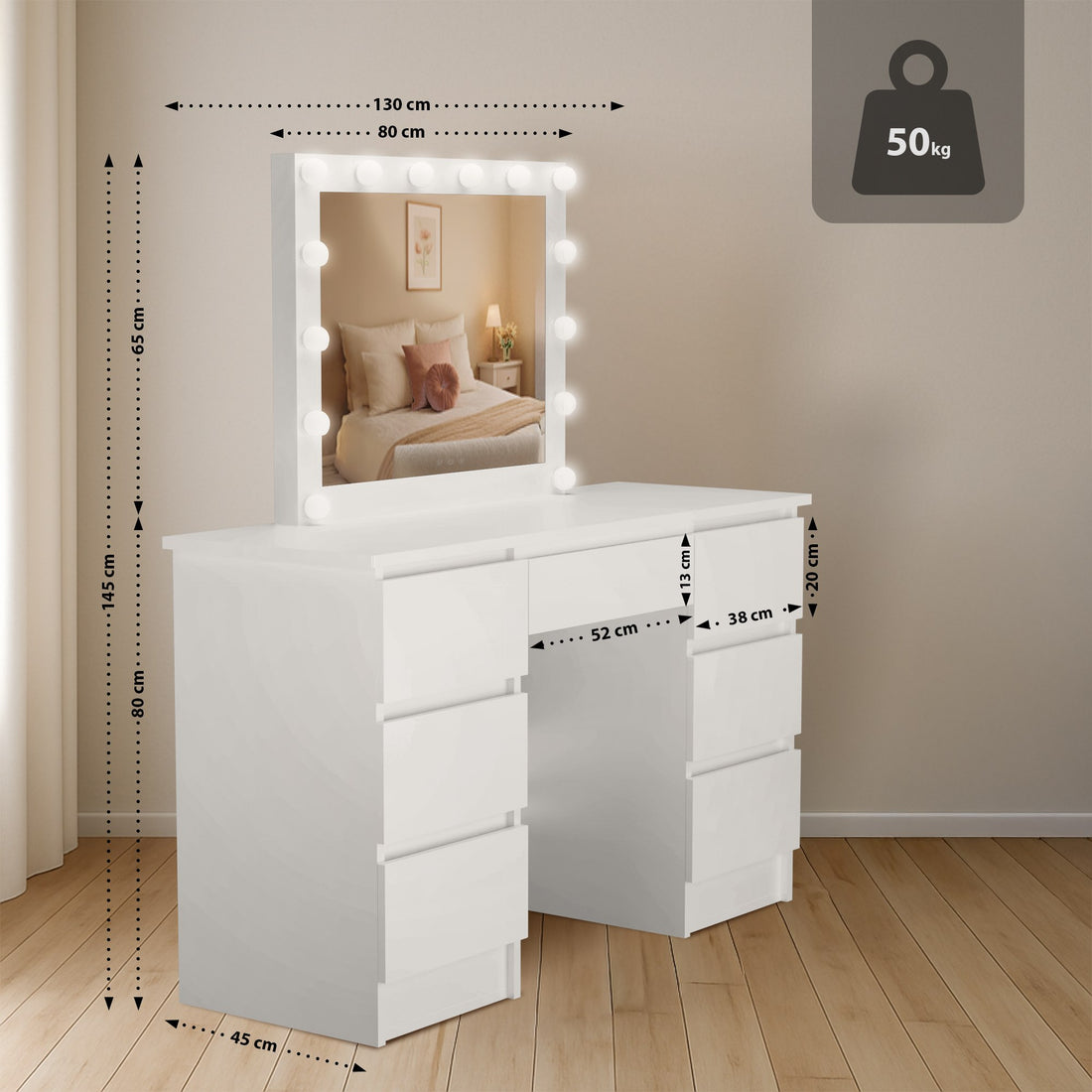Kaptafel Duffy met spiegel en 9 lades | Kleur: Wit | Afmetingen: 130x45x145 cm