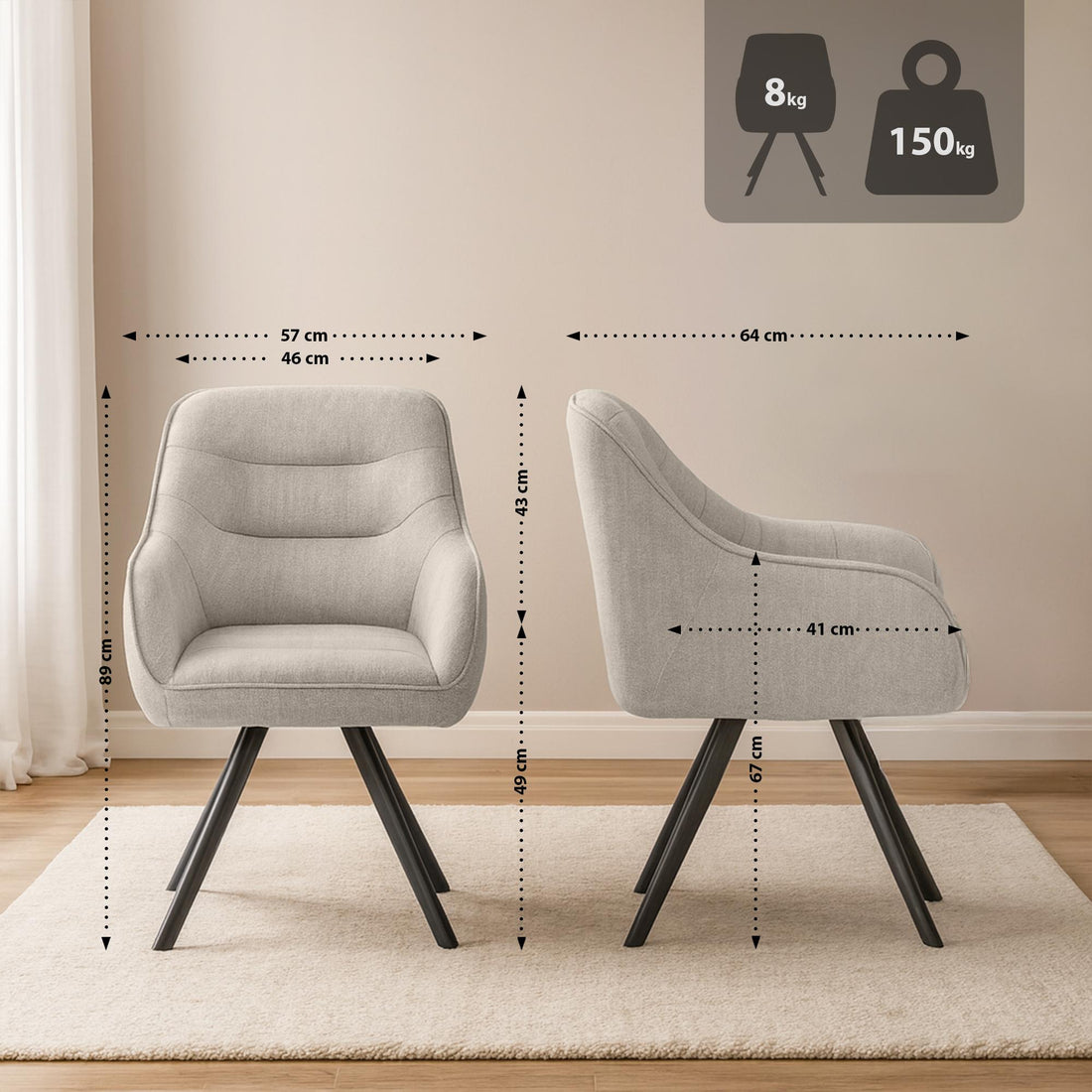 Eetkamerstoel Pettuli - Gestoffeerde draaistoel | Kleur: Creme | Afmetingen: 57x64x89 cm