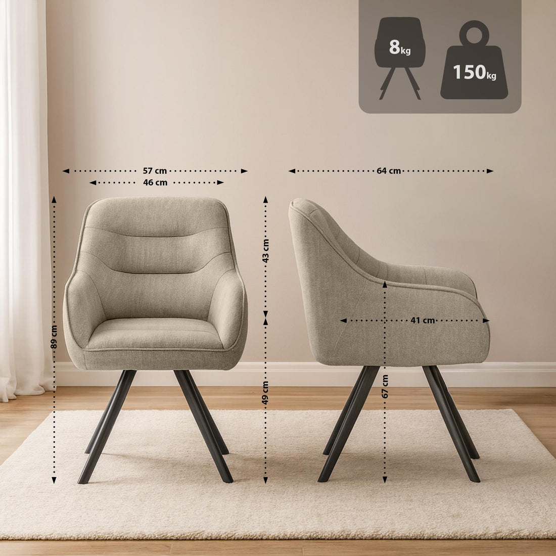 Eetkamerstoel Pettuli - Gestoffeerde draaistoel | Kleur: Taupe | Afmetingen: 57x64x89 cm