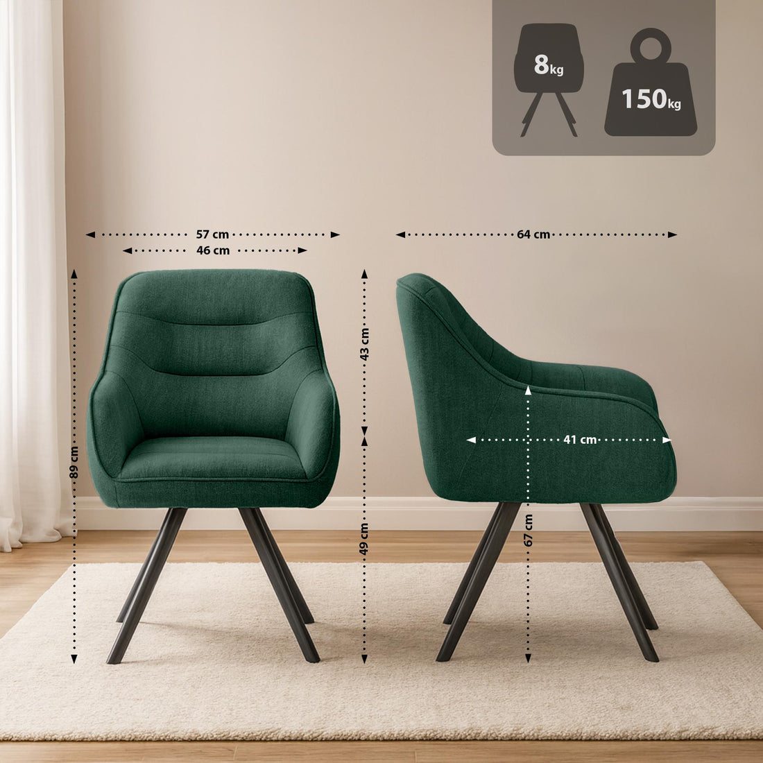 Eetkamerstoel Pettuli - Gestoffeerde draaistoel | Kleur: Groen | Afmetingen: 57x64x89 cm