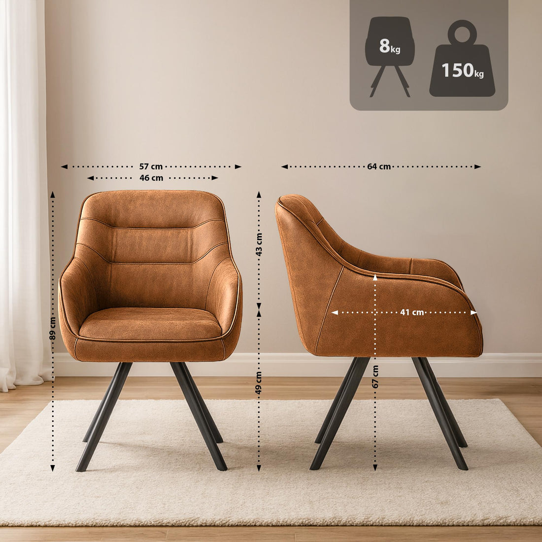 Eetkamerstoel Pettuli - Gestoffeerde stoel | Kleur: licht bruin | Afmetingen: 57x64x89 cm