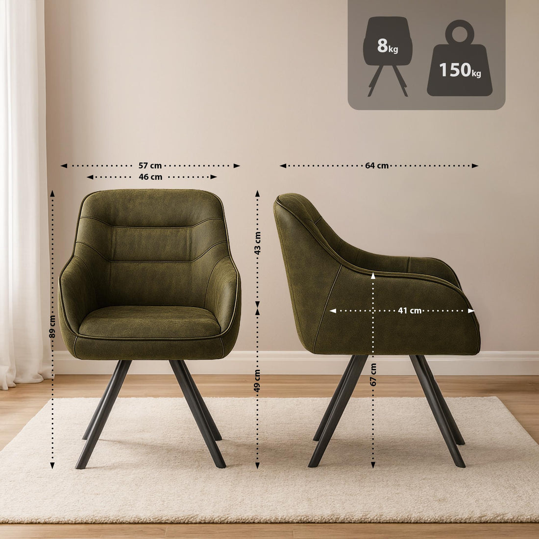 Eetkamerstoel Pettuli - Gestoffeerde draaistoel | Kleur: antiek/groen | Afmetingen: 57x64x89 cm