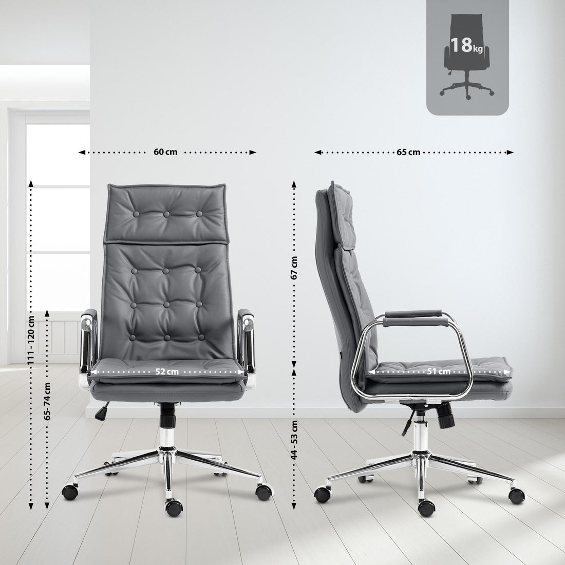 Kontorsstol Sotira Äkta läder | Färg: Grå | Mått: 60x65x111 cm
