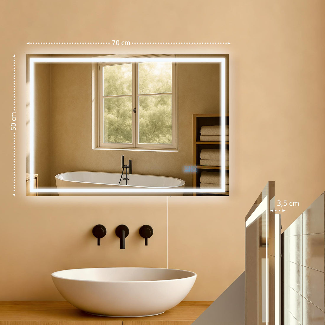 Badezimmerspiegel Jaffrey - LED mit Antibeschlag | Farbe: klar/Glas | Abmessungen: 70x3.5x50 cm