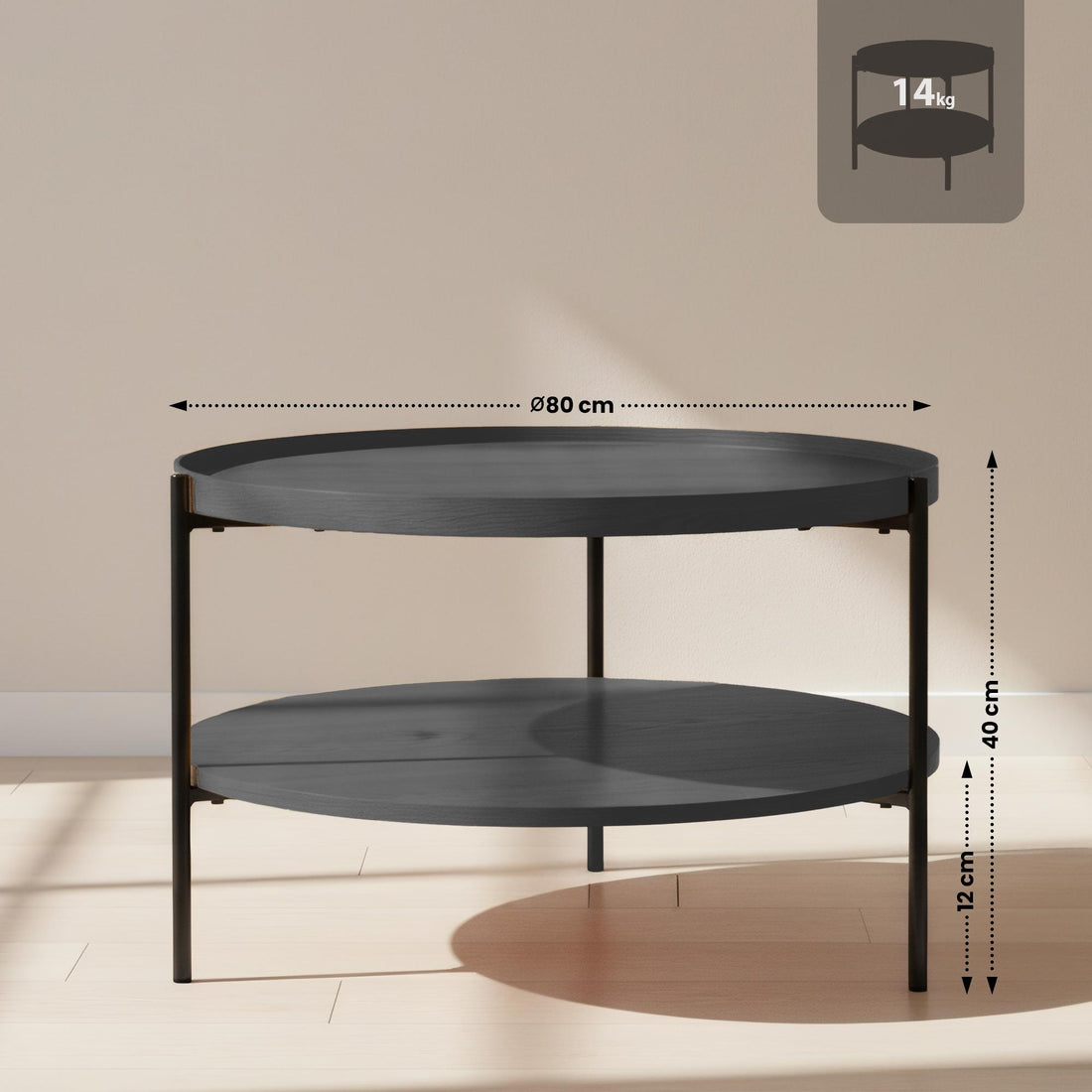 Soffbord Corbitan - Runt 2-hyllplan soffbord | Färg: Grå | Mått: 80x80x40 cm