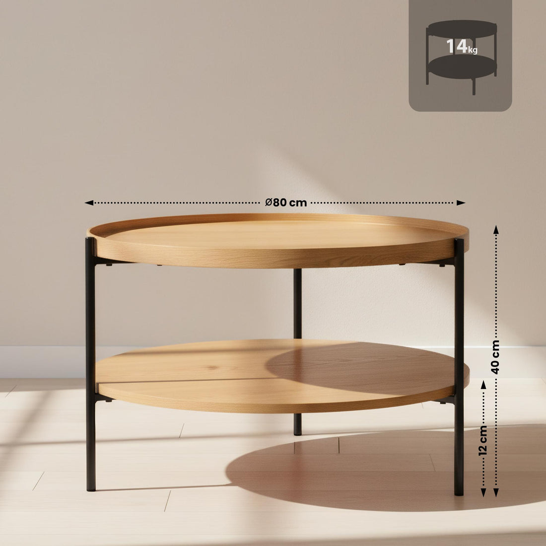 Soffbord Corbitan - Runt soffbord i trä | Färg: natur | Mått: 80x80x40 cm