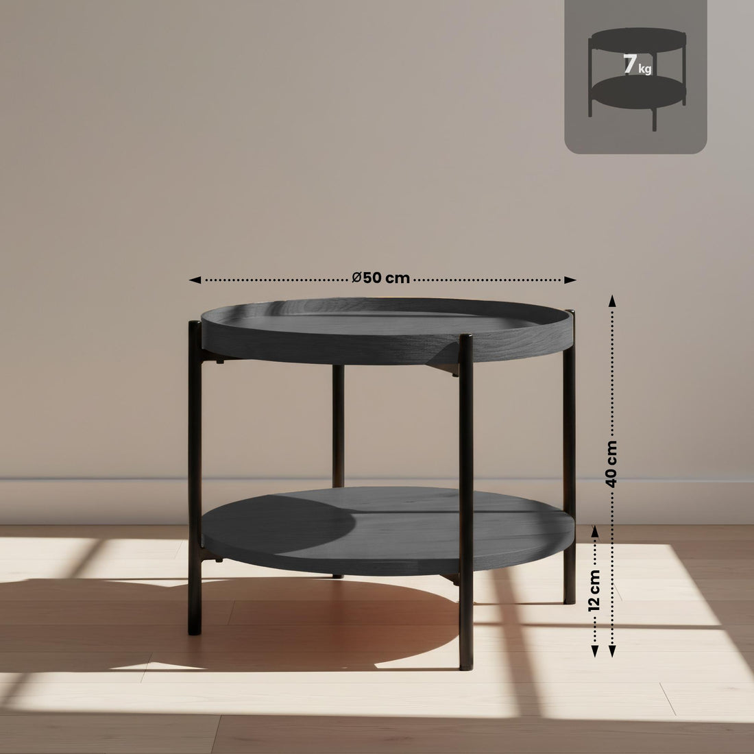 Soffbord Corbitan - Runt bord med 2 bordsskivor | Färg: grå | Mått: 50x50x40 cm