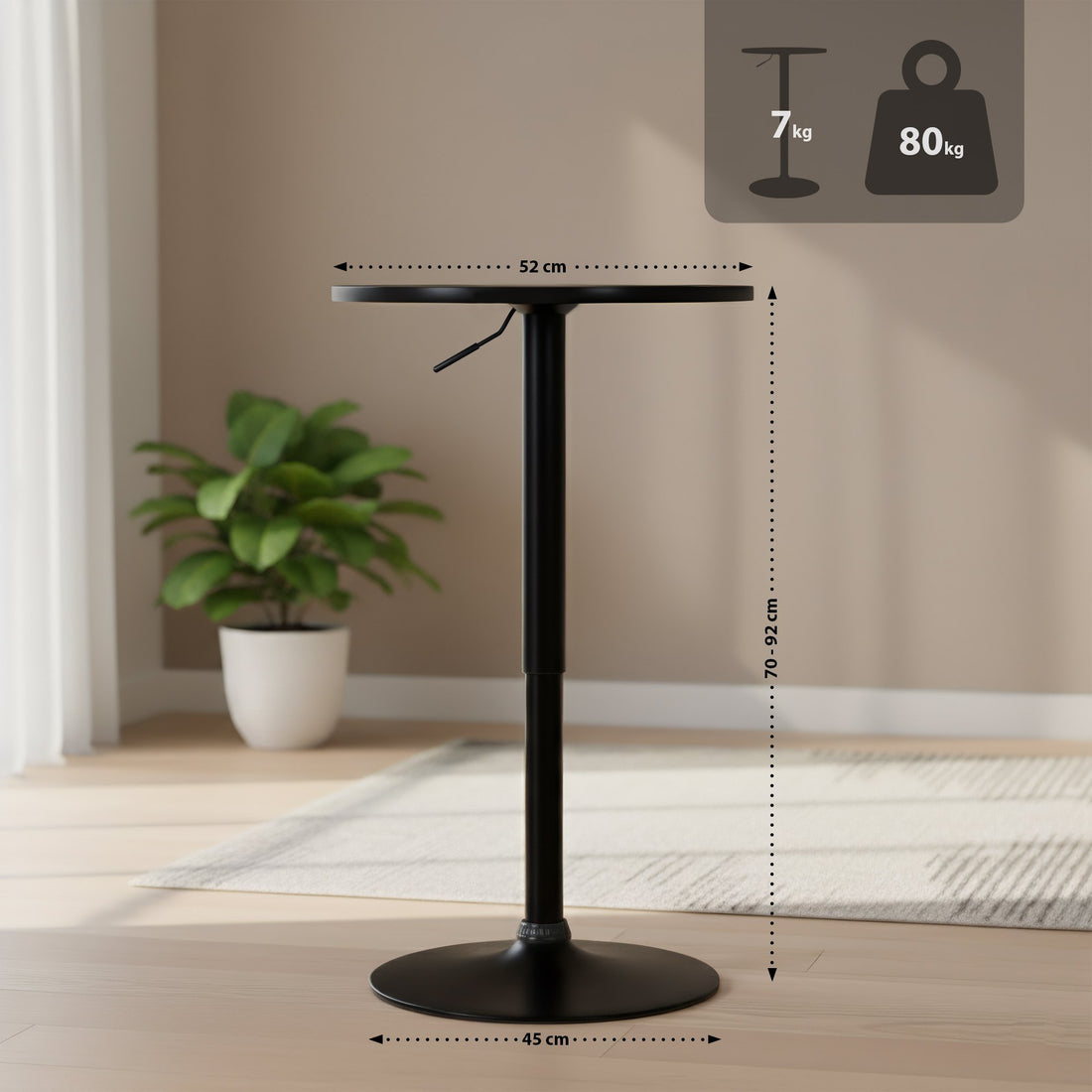 Stehtisch Xanten - Verstellbarer Bartisch | Farbe: schwarz/schwarz | Abmessungen: 52x52x70 cm