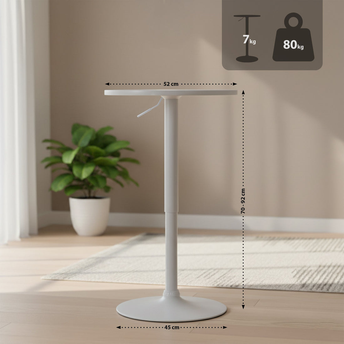 Stehtisch Xanten - Verstellbarer Bartisch | Farbe: weiß/weiß | Abmessungen: 52x52x70 cm