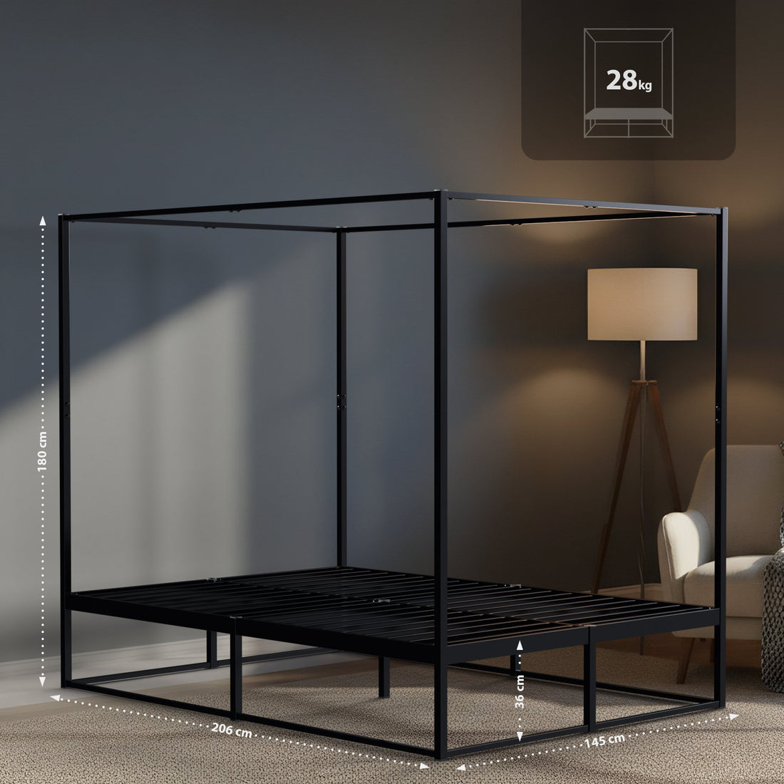 Hemelbed Batoni - Zwart metalen tweepersoonsbed | Kleur: zwart | Afmetingen: 145x206x180 cm