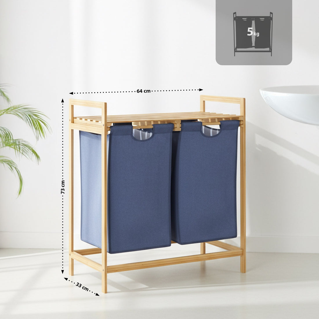 Wasmand Sussina met 2 waszakken en plank | Kleur: Natura | Afmetingen: 64x33x73 cm