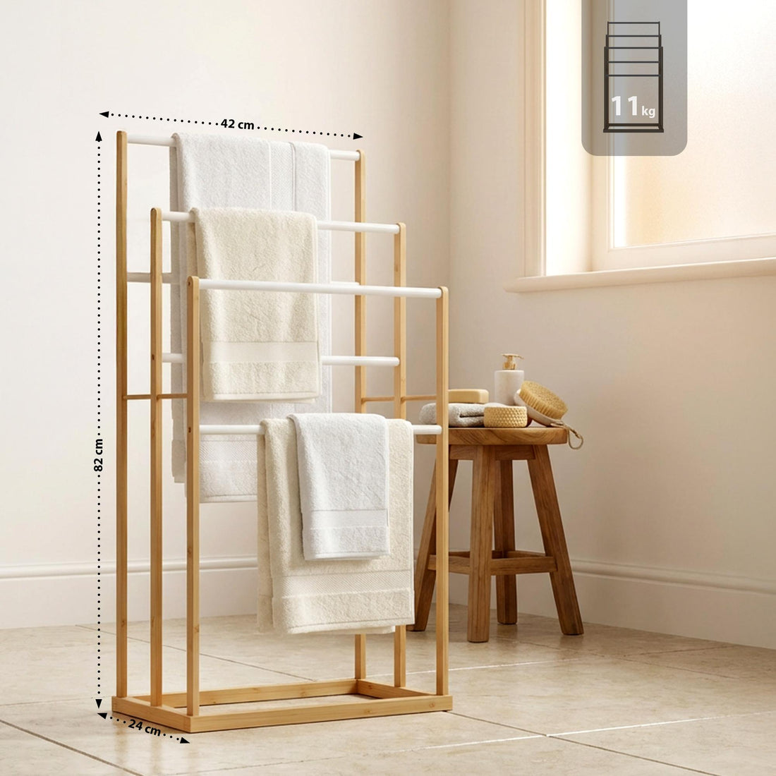 Handdoekenrek Malami – Vrijstaand bamboe | Kleur: natura | Afmetingen: 42x24x82 cm