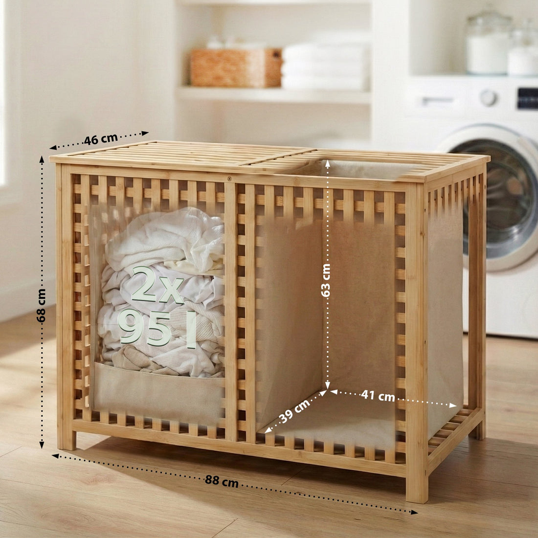 Wasmand Dorothea - Bamboe met 2 waszakken | Kleur: natura | Afmetingen: 88x46x68 cm