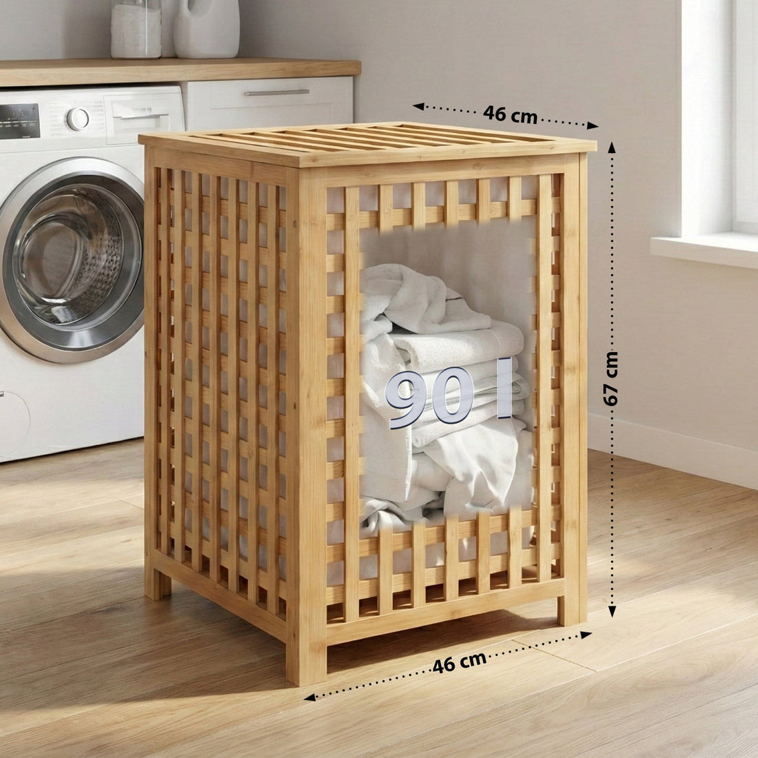 Wasmand Lenca - Bamboe wasbox 90 liter | Kleur: natura | Afmetingen: 46x46x67 cm
