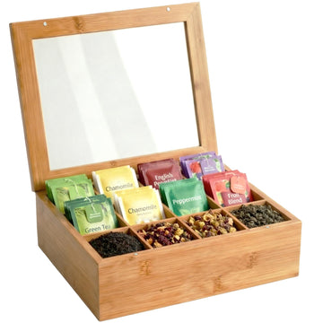Theedoos Laprino - Bamboe opbergbox met 12 vakken | Kleur: natura | Afmetingen: 28x23x9 cm