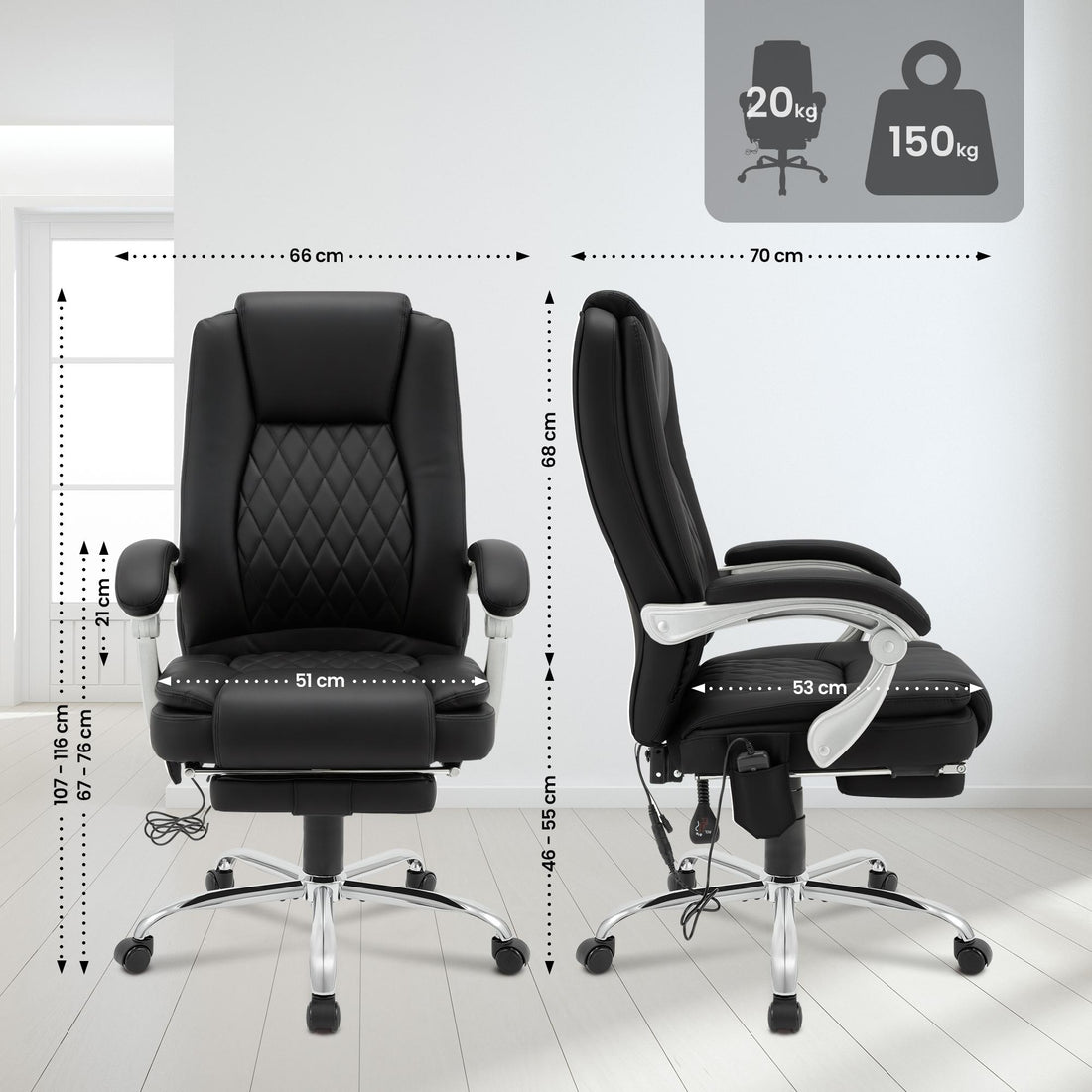 Bureaustoel Rubia met massage en voetensteun | Kleur: zwart | Afmetingen: 67x70x110 cm
