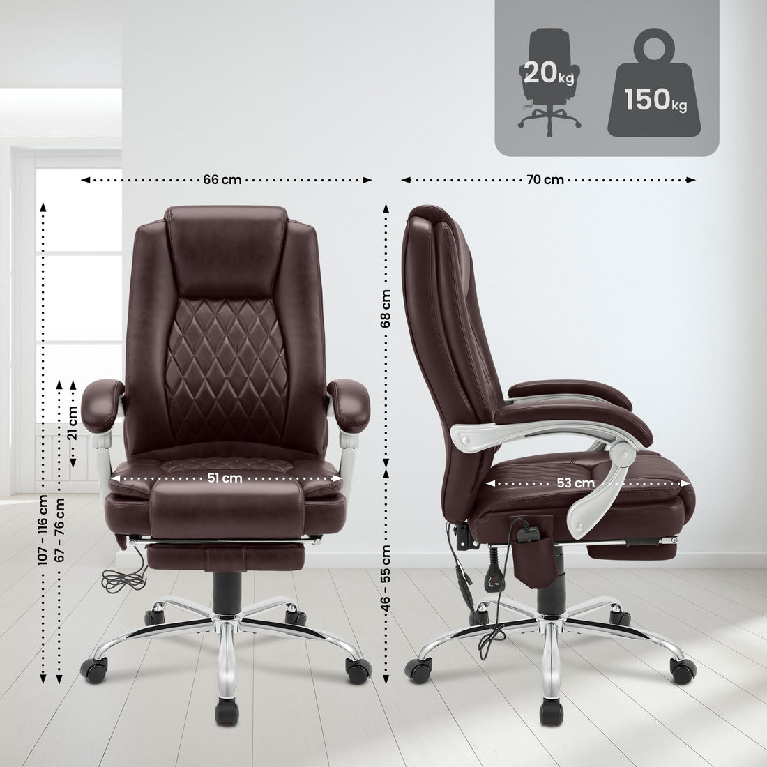 Bureaustoel Rubia met massage en verwarming | Kleur: bruin | Afmetingen: 67x70x110 cm