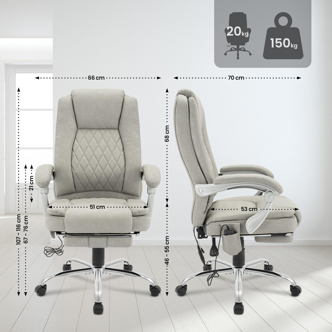 Bureaustoel Rubia - Ergonomisch met Massagefunctie | Kleur: Grijs | Afmetingen: 67x70x110 cm