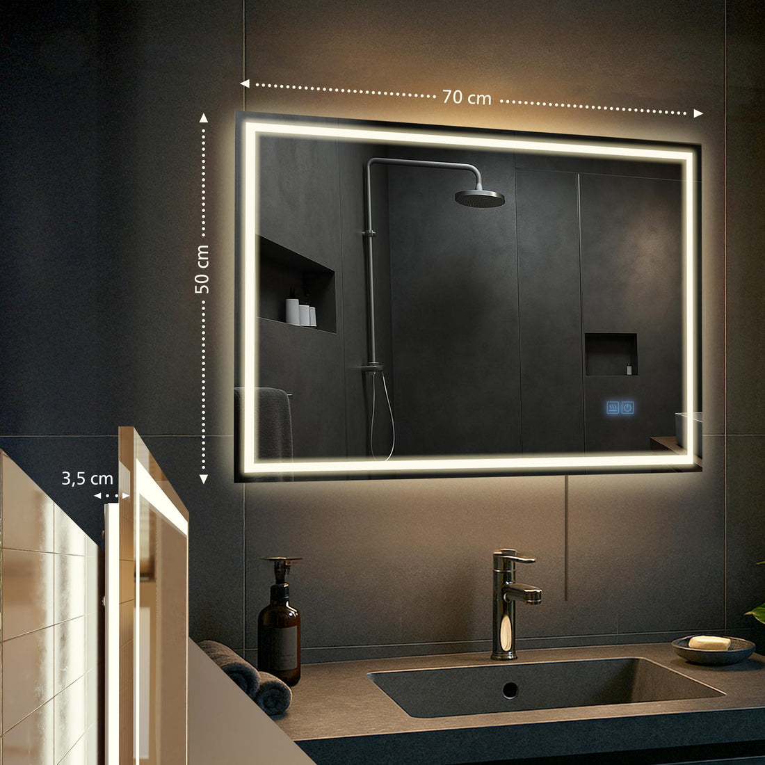 Badezimmerspiegel Jaffrey mit Bluetooth | Farbe: klar/Glas | Maße: 70x3.5x50 cm