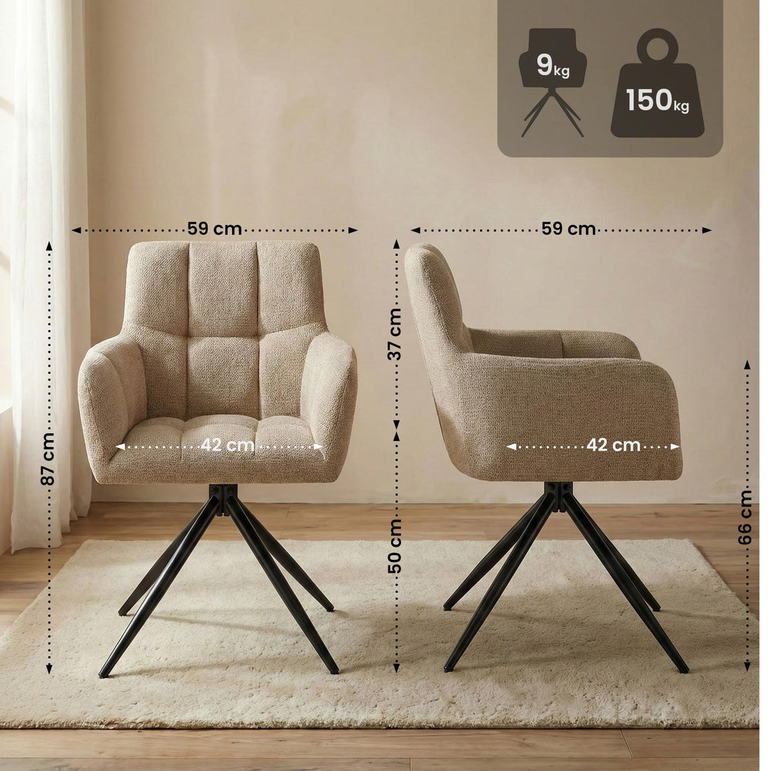 Set van 2 Eetkamerstoelen Jonah Stof | Kleur: licht bruin | Afmetingen: 59x59x87 cm