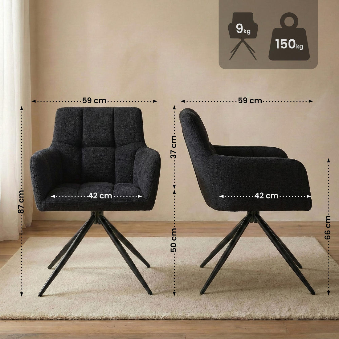 Set van 2 Eetkamerstoelen Jonah Stof | Kleur: zwart | Afmetingen: 59x59x87 cm