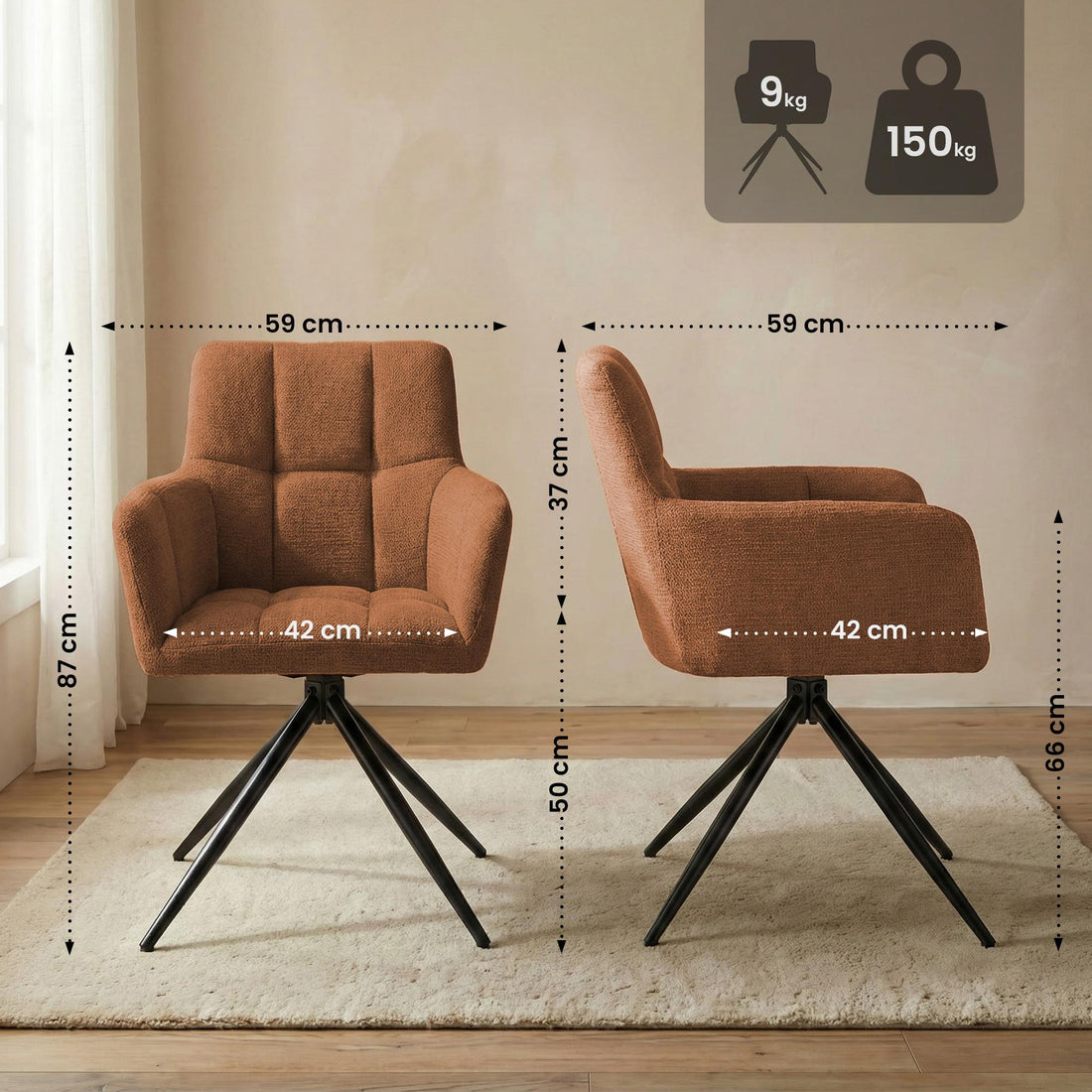 Set van 2 Eetkamerstoelen Jonah Stof | Kleur: Oranje | Afmetingen: 59x59x87 cm