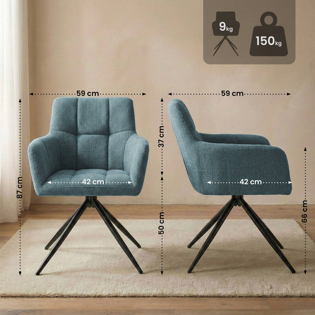 Set van 2 Eetkamerstoelen Jonah Stof | Kleur: Turkis | Afmetingen: 59x59x87 cm