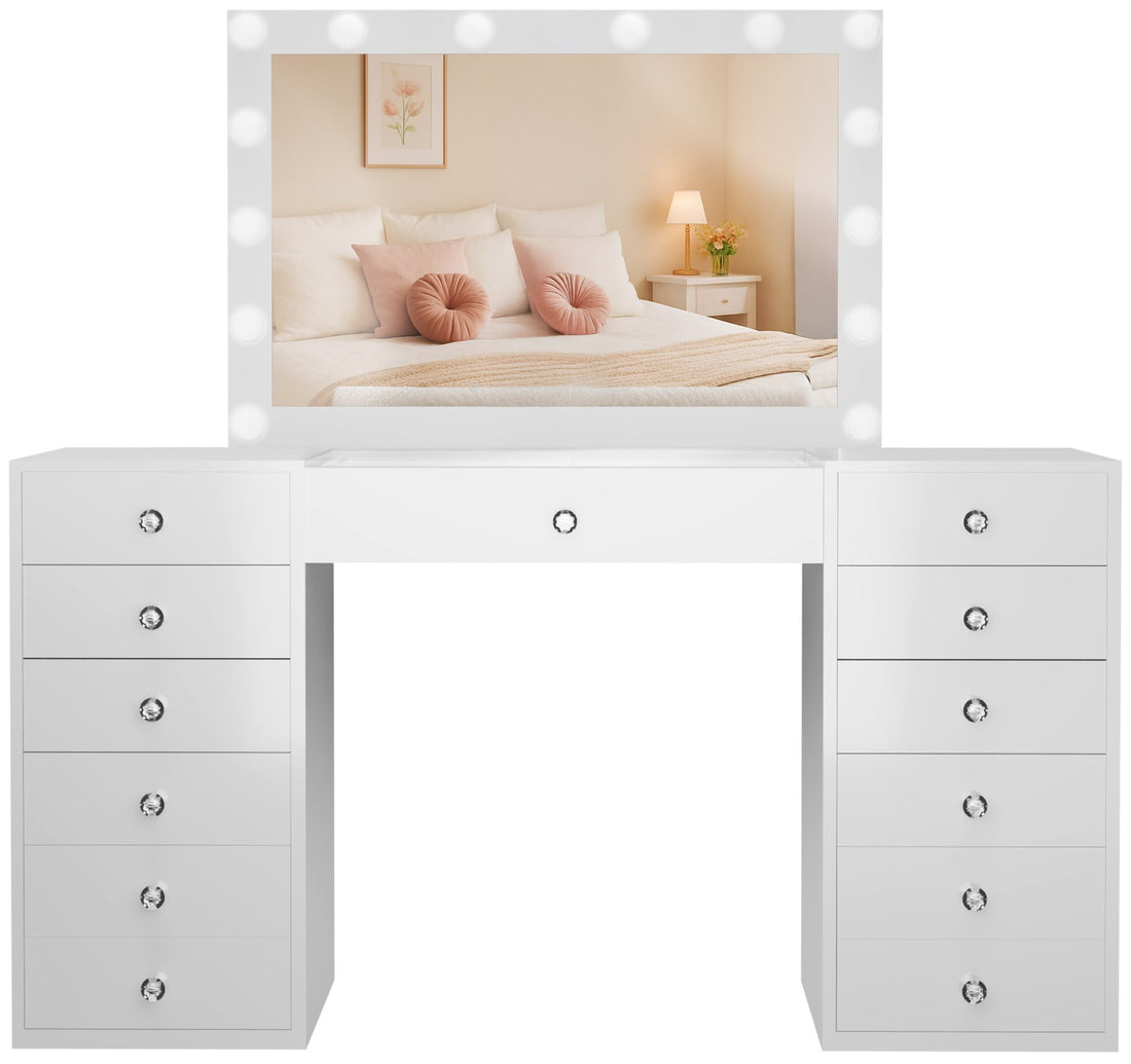 Kaptafel Attalla met Hollywoodspiegel | Kleur: Wit | Afmetingen: 150x55x155 cm