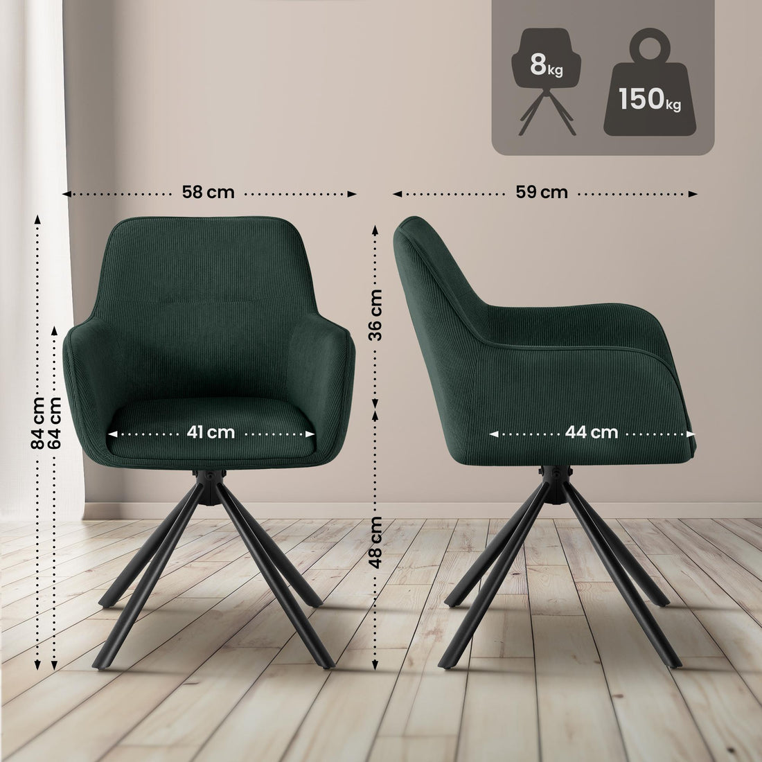 Eetkamerstoel Tipton met Corduroy Bekleding | Kleur: groen | Afmetingen: 58x59x84 cm