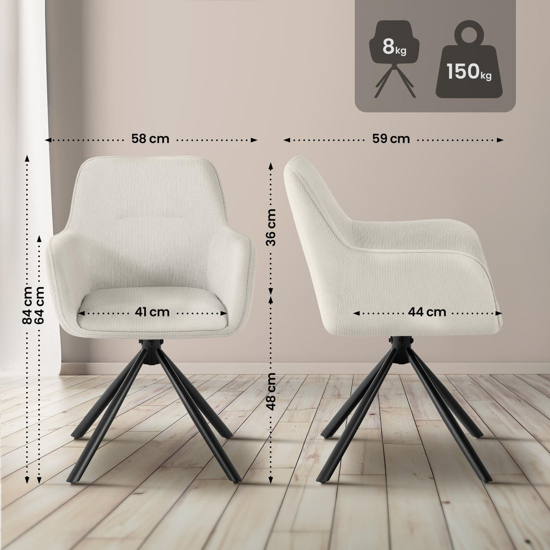 Eetkamerstoel Tipton met Corduroy Bekleding | Kleur: Creme | Afmetingen: 58x59x84 cm