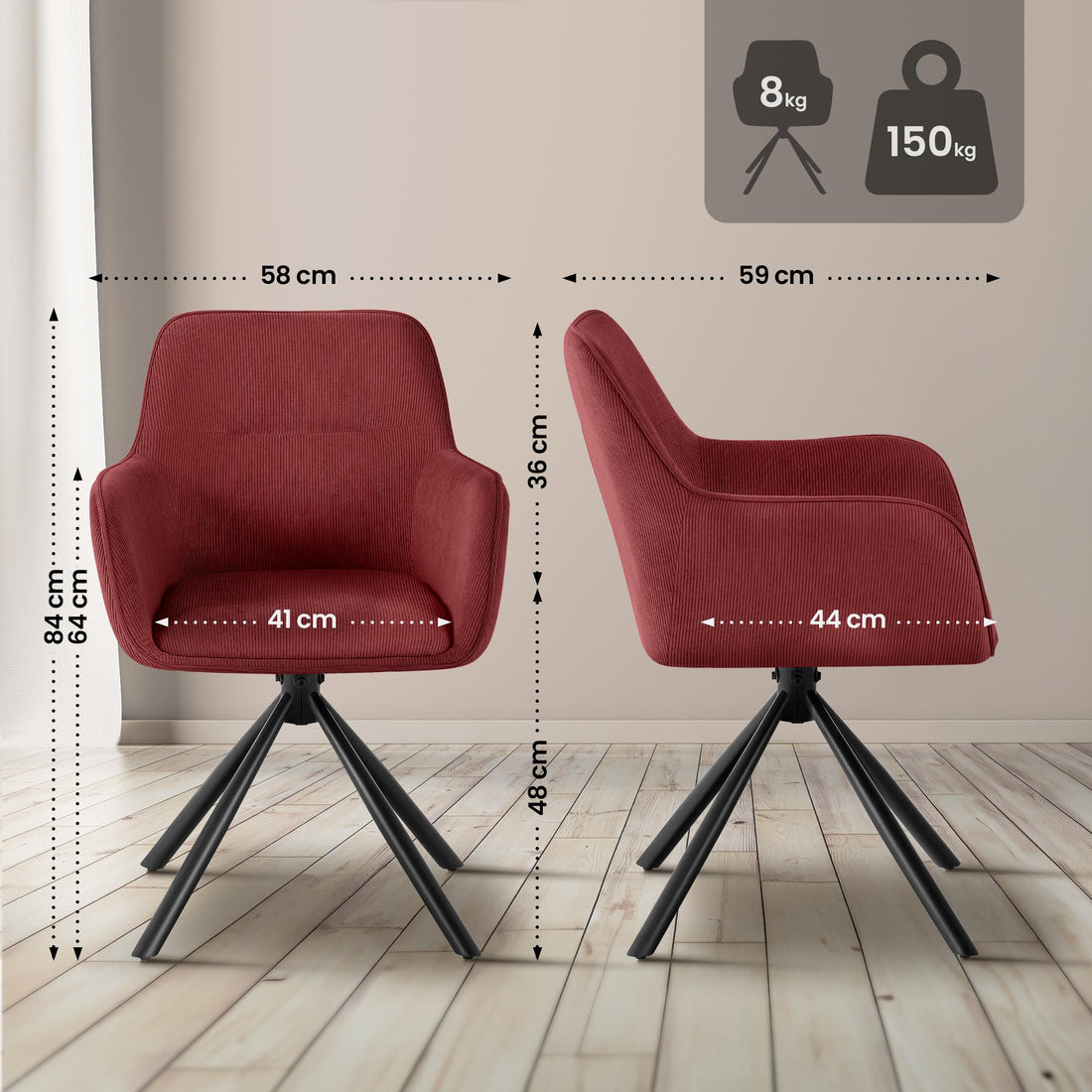 Eetkamerstoel Tipton met Corduroy Bekleding | Kleur: Bordeauxrood | Afmetingen: 58x59x84 cm