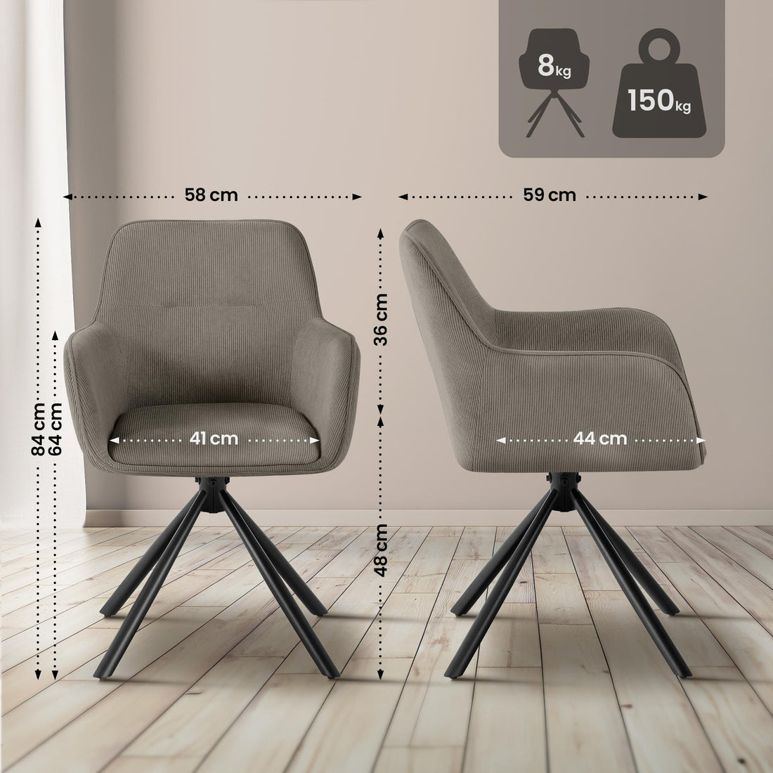 Eetkamerstoel Tipton - Corduroy draaistoel | Kleur: Taupe | Afmetingen: 58x59x84 cm