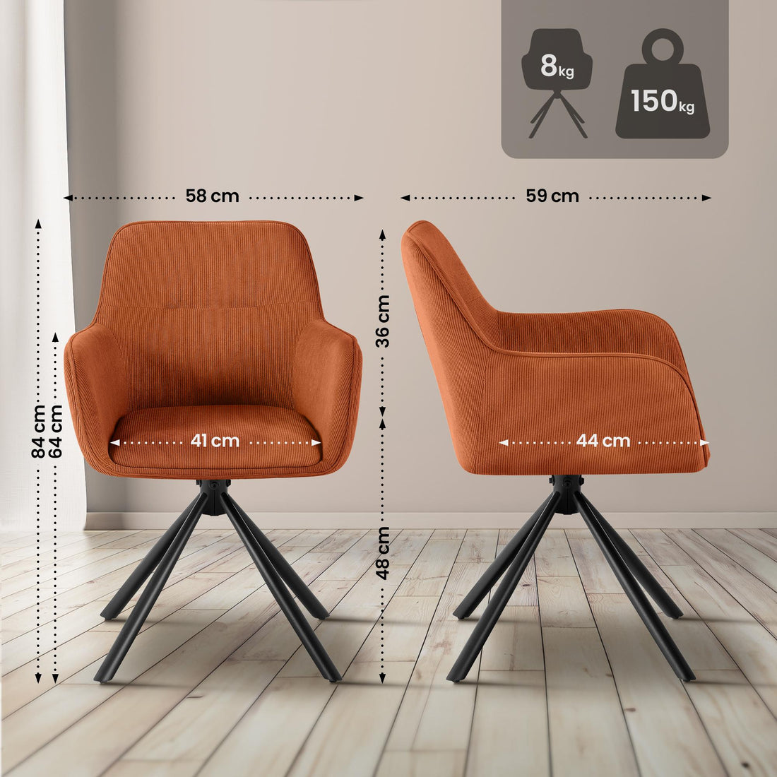 Eetkamerstoel Tipton - Corduroy | Kleur: Oranje | Afmetingen: 58x59x84 cm