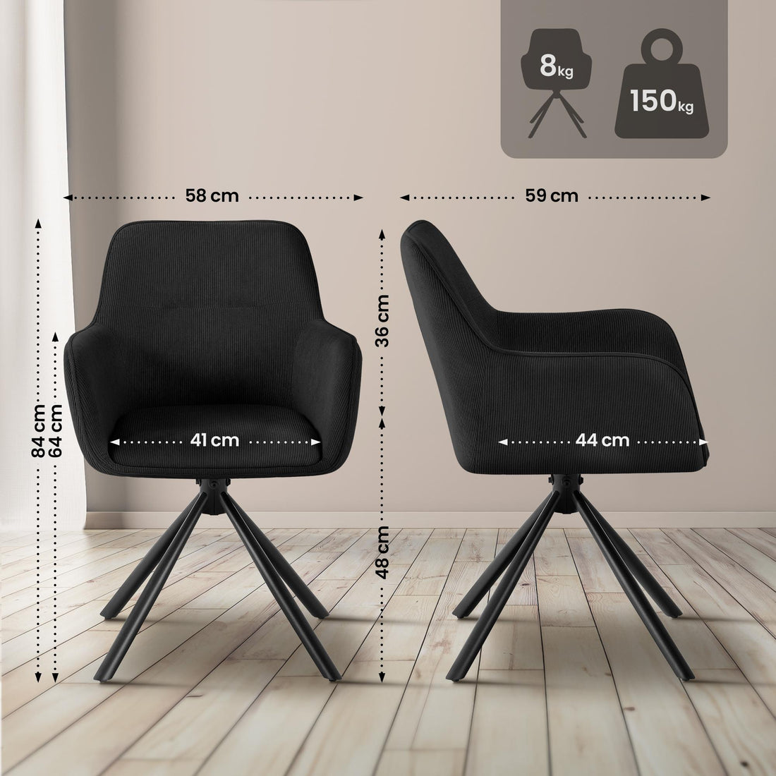 Eetkamerstoel Tipton met Corduroy Bekleding | Kleur: zwart | Afmetingen: 58x59x84 cm