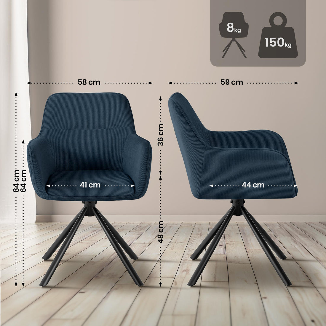 Eetkamerstoel Tipton Corduroy met Draaifunctie | Kleur: blauw | Afmetingen: 58x59x84 cm