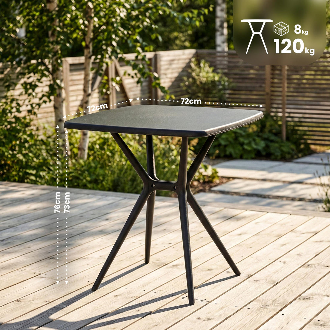 Becky Gartentisch quadratisch 72 x 72 cm | Farbe: Schwarz | Maße: 72x72x76 cm