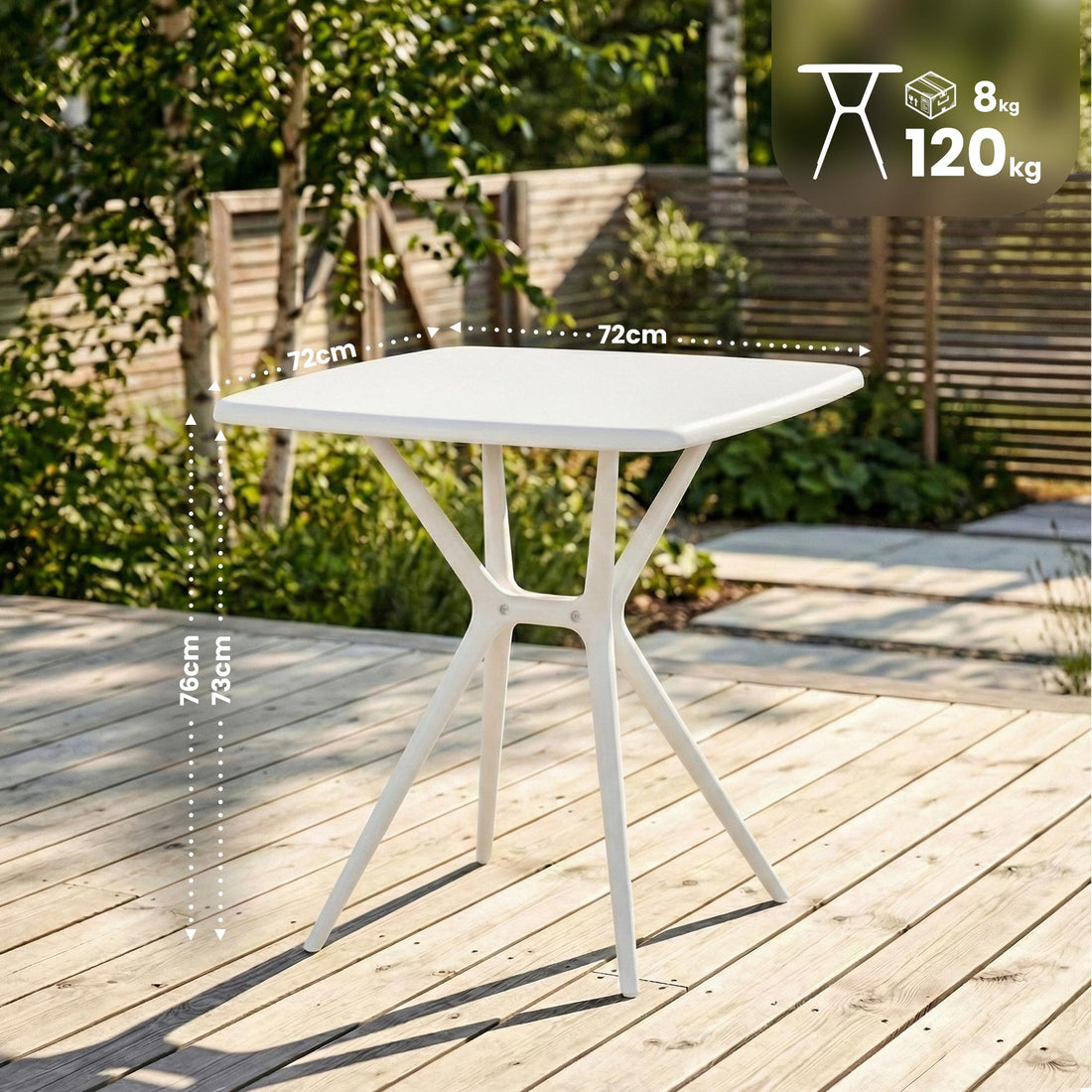 Becky quadratischer Gartentisch 72 x 72 cm | Farbe: Weiß | Abmessungen: 72x72x76 cm