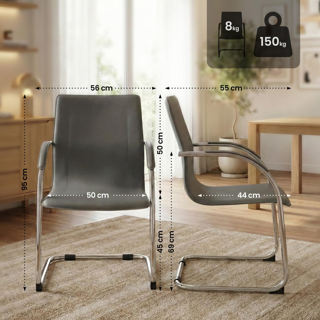 Sledestoel Noeleen - Kunstleren stoel met armleuningen | Kleur: Grijs | Afmetingen: 56x55x95 cm