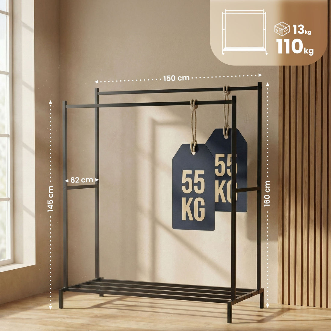 Karita kledingrek met schoenenrek | Kleur: Zwart | Afmetingen: 150x62x160 cm