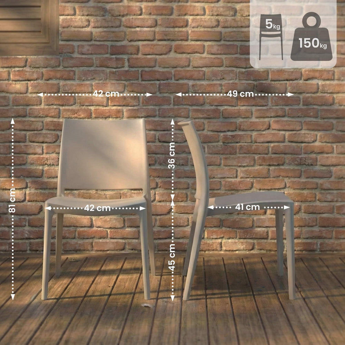 Tuinstoel Meton - Stapelbare kunststof stoel | Kleur: Taupe | Afmetingen: 42x49x81 cm