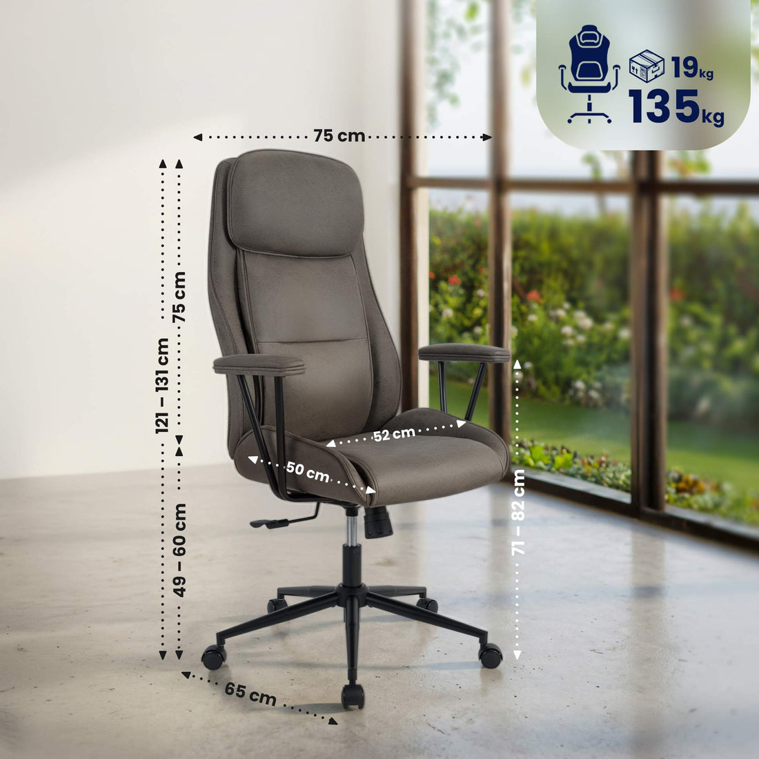 Bureaustoel Siddar met vlindermechanisme | Kleur: antiek/grijs | Afmetingen: 75x65x121 cm