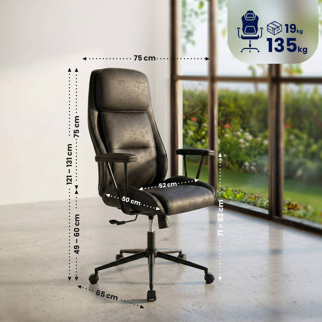 Bureaustoel Siddar - Verstelbaar & ruim | Kleur: antiek zwart | Afmetingen: 75x65x121 cm