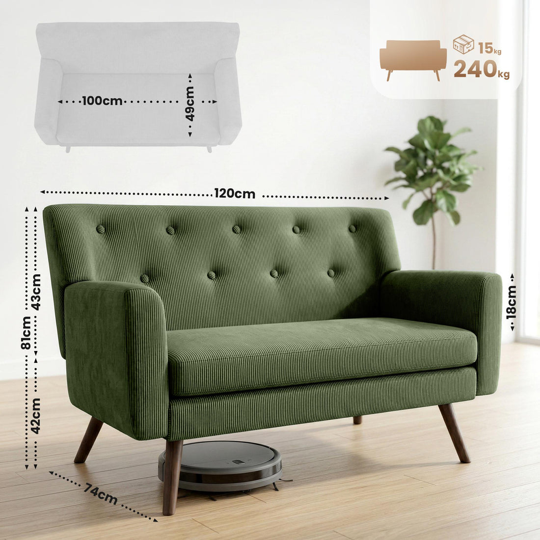 2-zitsbank Kioni met ribcord bekleding | Kleur: Groen | Afmetingen: 120x74x81 cm
