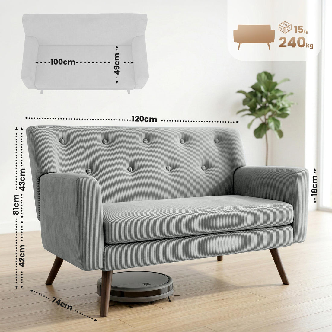 Kioni 2-zitsbank met ribcord bekleding - grijs | Kleur: grijs | Afmetingen: 120x74x81 cm