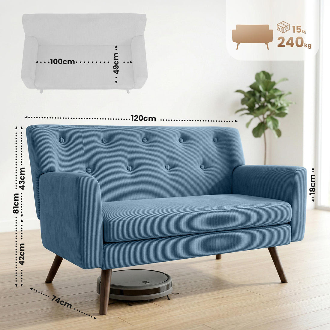 Kioni 2-zitsbank met ribcord bekleding | Kleur: blauw | Afmetingen: 120x74x81 cm