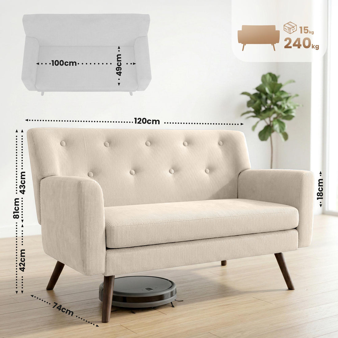 Kioni 2-zitsbank met ribcord bekleding | Kleur: Creme | Afmetingen: 120x74x81 cm