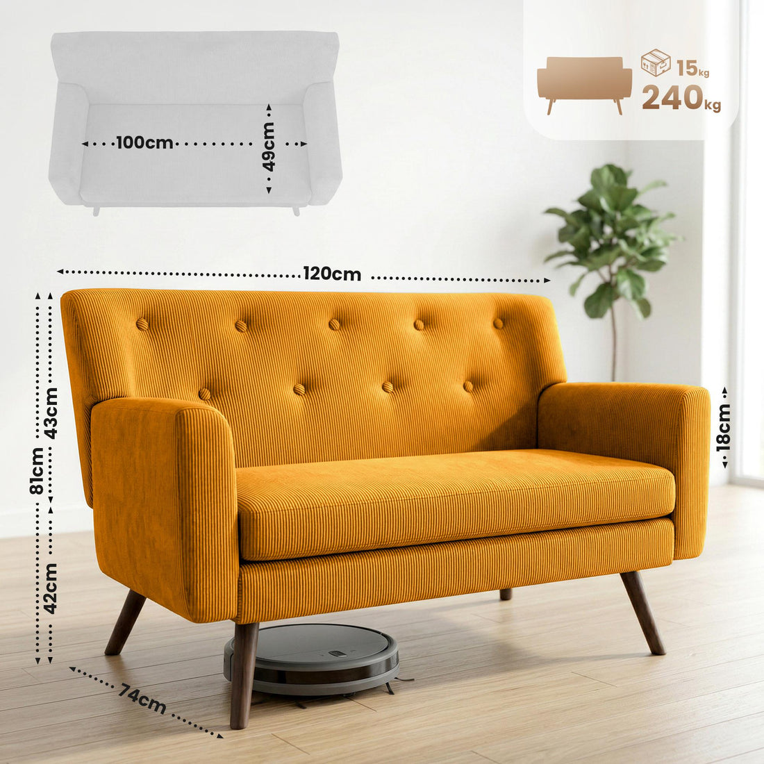 Kioni 2-zitsbank met ribcord bekleding | Kleur: Oranje | Afmetingen: 120x74x81 cm